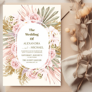 boho sage green and pampas grass wedding invitation