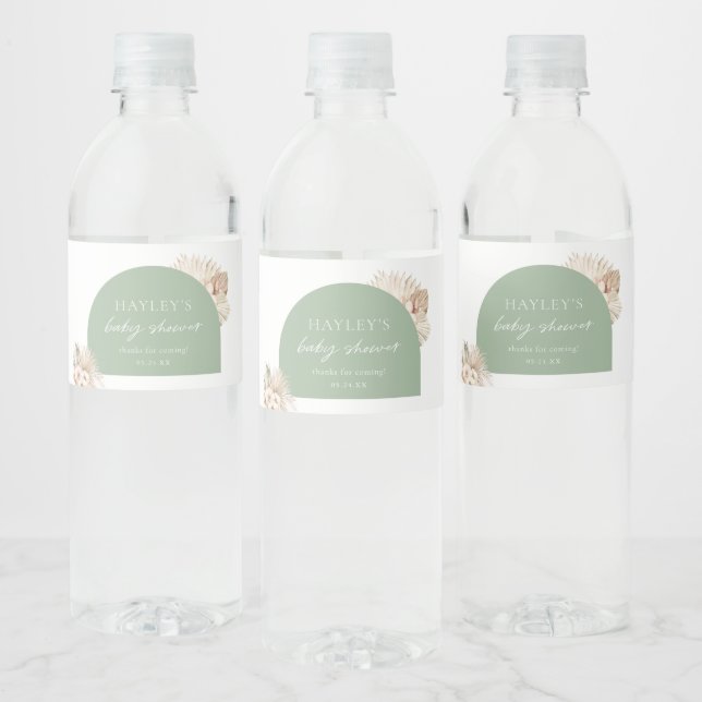 Boho Sage Green Baby Shower Favour Water Bottle Label (Bottles)