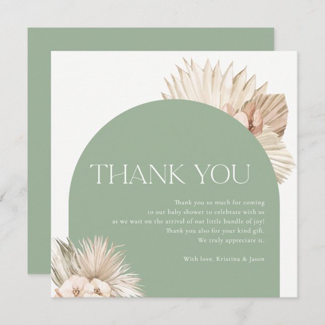 Boho Sage Green Baby Shower Thank You Card (Front/Back)
