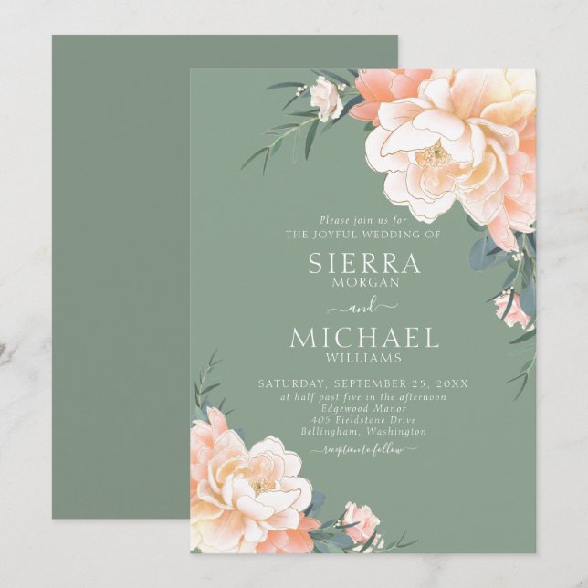 Boho Sage Green Blush Peach Cream Floral Wedding Invitation (Front/Back)