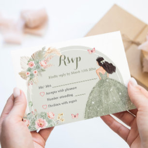 Boho Sage Green Blush Pink Quinceañera RSVP Card