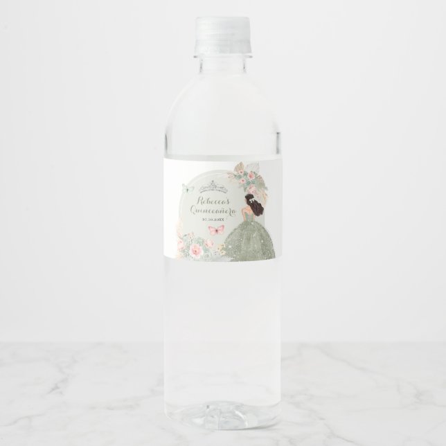 Boho Sage Green Blush Pink Royal Quinceañera Water Bottle Label (Front)