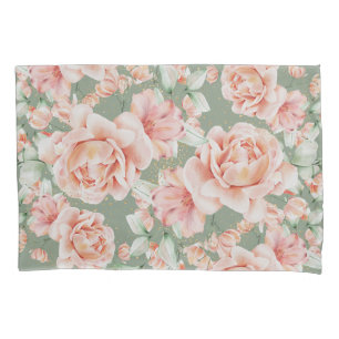 Boho Sage Green Blush Pink Watercolor Floral Roses Pillowcase