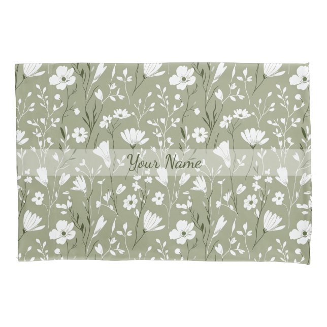Boho Sage Green Botanical Personalized Floral  Pillowcase (Front)