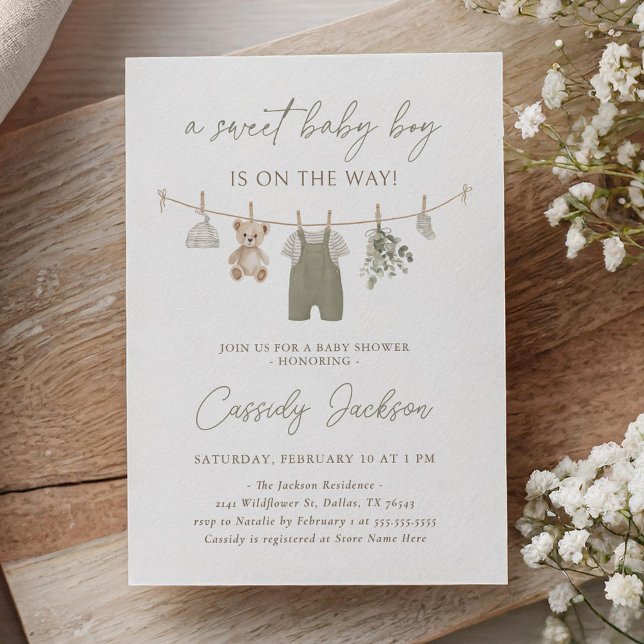 Boho Sage Green Boy Baby Clothes Baby Shower Invitation (Creator Uploaded)