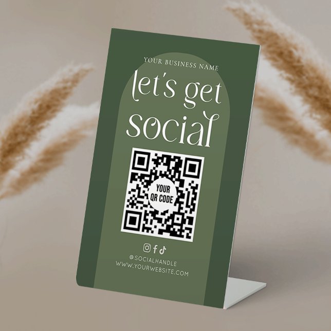 Boho Sage Green Business Social Media QR Code Pedestal Sign (Lets get social boho style sage green pedestal sign with QR code)