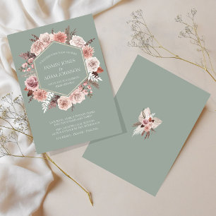 Boho Sage Green Dried Flowers Wreath Wedding Invitation