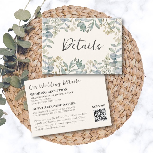Boho Sage Green Eucalyptus QR Code Wedding Details Enclosure Card (Creator Uploaded)