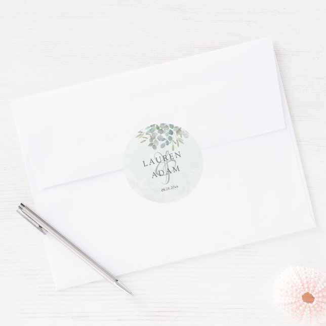 Boho Sage Green Eucalyptus Watercolor Wedding  Classic Round Sticker (Envelope)