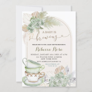 Boho Sage Green Floral Baby is Brewing Baby Shower Invitation