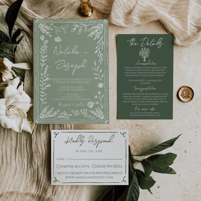 Boho Sage Green Floral Botanical Modern Wedding Invitation (Creator Uploaded)
