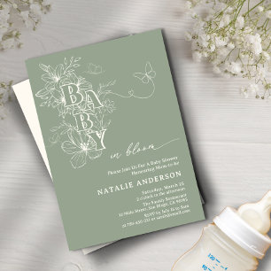 Boho Sage Green Floral Butterflies Baby in Bloom Invitation
