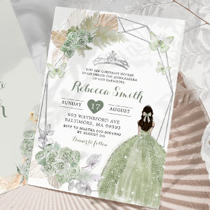 Boho Sage Green Floral Geometric Quinceañera Invitation
