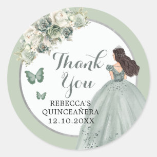 Boho Sage Green Floral Girl Floral Quinceañera  Classic Round Sticker