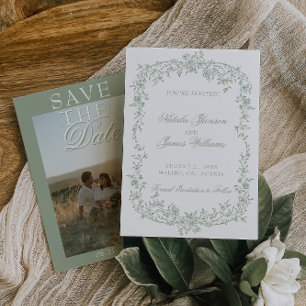 Boho Sage Green Floral Photo Wedding Save The  Date