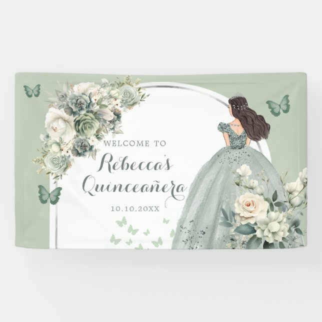 Boho Sage Green Floral Princess Quinceañera Large Banner (Horizontal)
