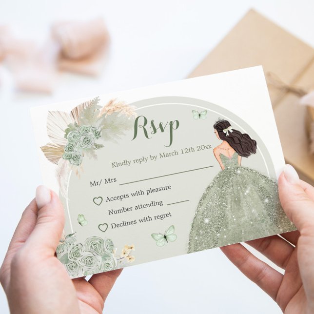 Boho Sage Green Floral Princess Quinceañera RSVP Card (Creator Uploaded)