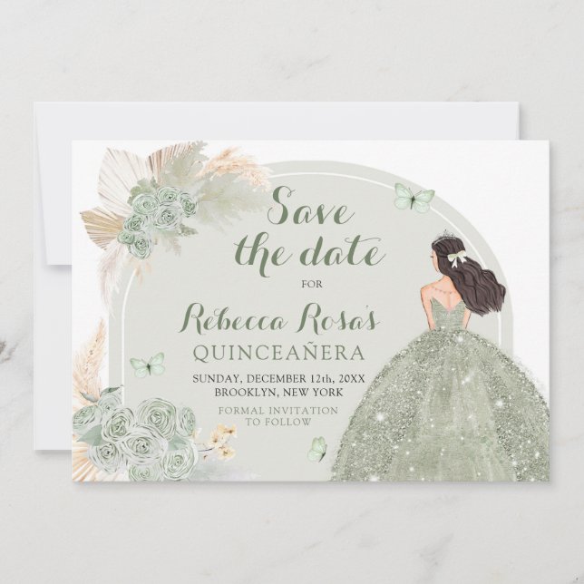 Boho Sage Green Floral Quinceañera Save The Date Invitation (Front)
