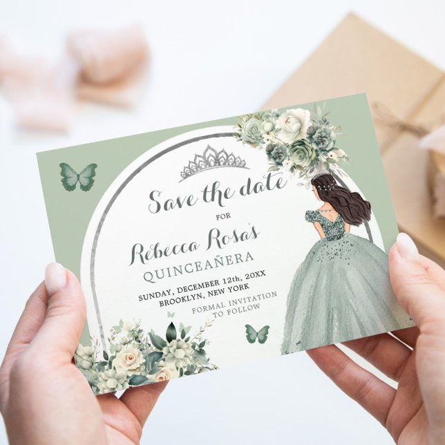 Boho Sage Green Floral Quinceañera Save The Date Invitation (Creator Uploaded)