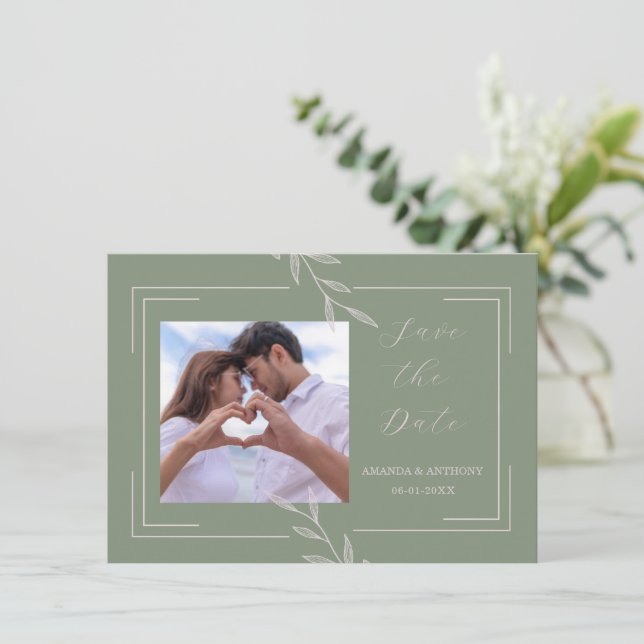 Boho Sage Green Foilage Wedding Save the Date Thank You Card (Standing Front)
