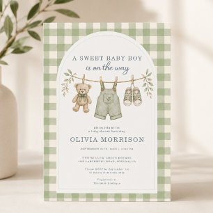 Boho Sage Green Gingham Boy Baby Shower Invitation