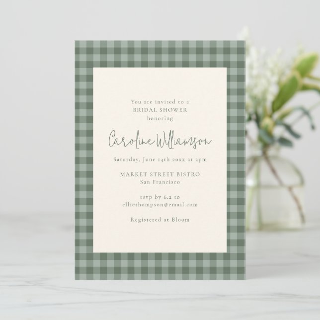 Boho Sage Green Gingham Plaid Bridal Shower Invitation (Standing Front)