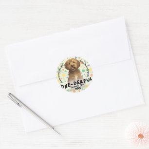 Boho Sage Green Goldendoodle First Birthday Party Classic Round Sticker