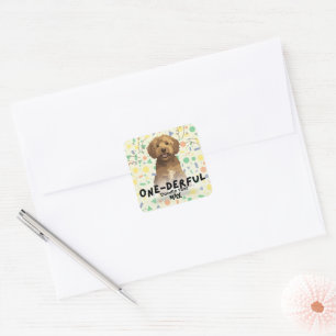 Boho Sage Green Goldendoodle First Birthday Party Square Sticker