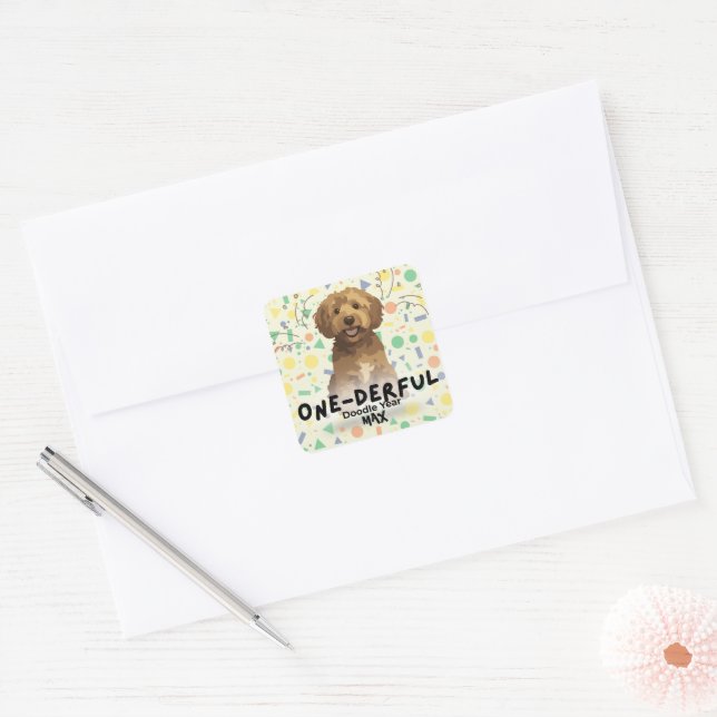 Boho Sage Green Goldendoodle First Birthday Party  Square Sticker (Envelope)