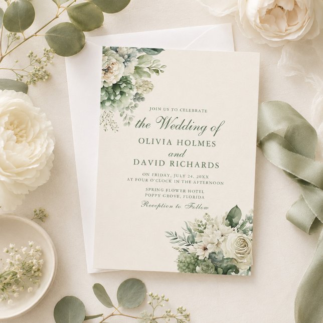 Boho Sage Green & Ivory Floral Wedding Invitation (Boho Sage Green & Ivory Floral Wedding Invitation on a table with ivory flowers and ribbons)