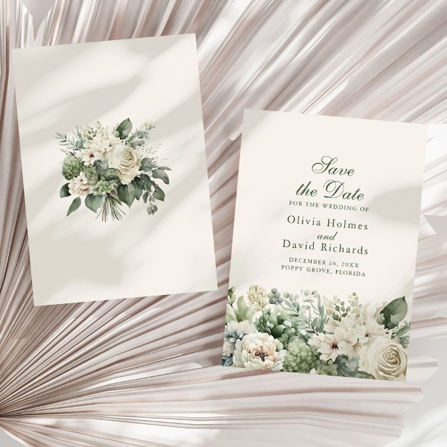 Boho Sage Green & Ivory Flowers Save The Date Card (Boho Sage Green & Ivory Flowers Save The Date Card on a sunny white dry palm leaf.)