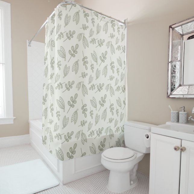 Boho Sage Green Leaf Pattern  Shower Curtain (In Situ)