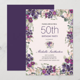 Boho Sage Green Leaves Purple Pink Floral 50th Invitation