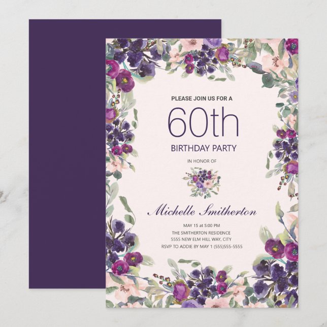 Boho Sage Green Leaves Purple Pink Floral 60th Invitation (Front/Back)