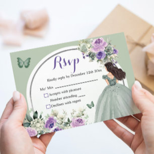 Boho Sage Green Lilac Floral Princess XV Años RSVP