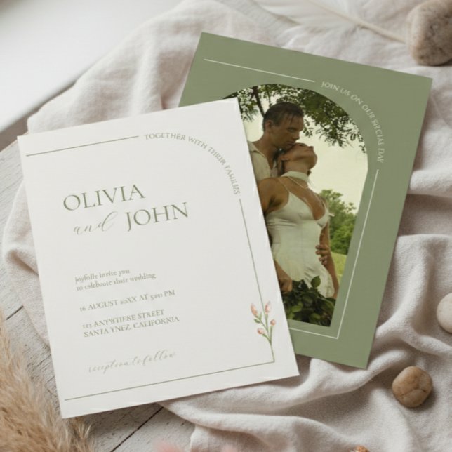 Boho Sage Green & Linen Arches Minimalist Photo  Invitation (Creator Uploaded)