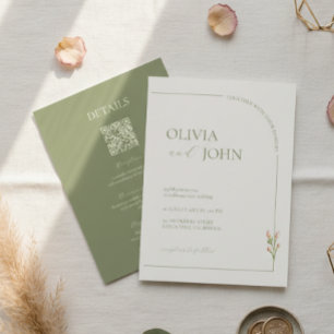 Boho Sage Green & Linen Minimalist w Details & QR  Invitation