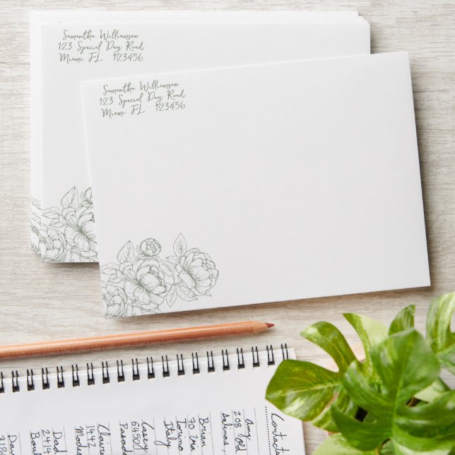 Boho Sage Green Minimalist Floral Wedding Envelope (Stacked)