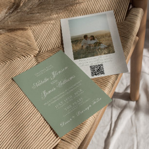Boho Sage Green Modern QR Code Photo Wedding Invitation