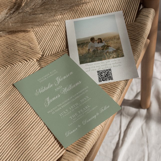 Boho Sage Green Modern QR Code Photo Wedding Invitation (Creator Uploaded)