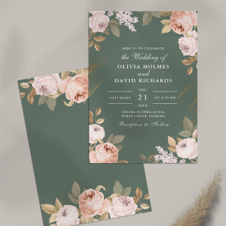 Boho Sage Green Peonies Wedding Invitation