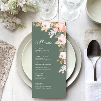Boho Sage Green Peonies Wedding Menu Card