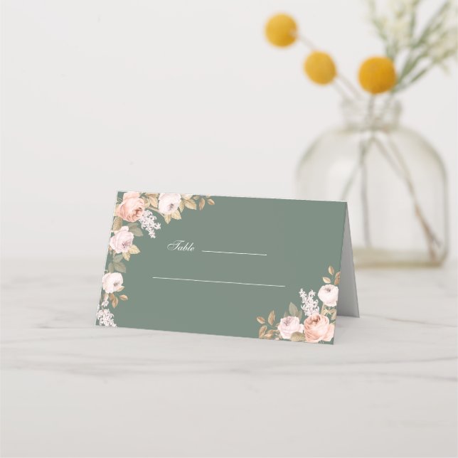Boho Sage Green Peonies Wedding Place Card (Front)