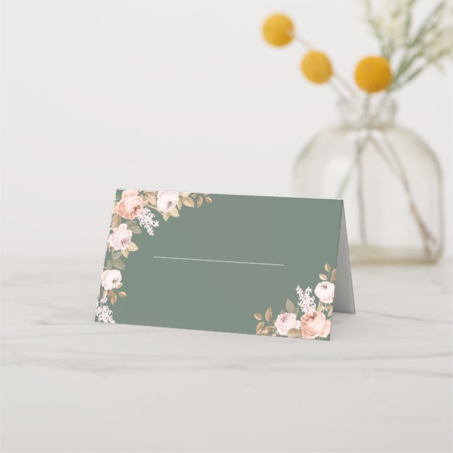 Boho Sage Green Peonies Wedding Place Card (Front)