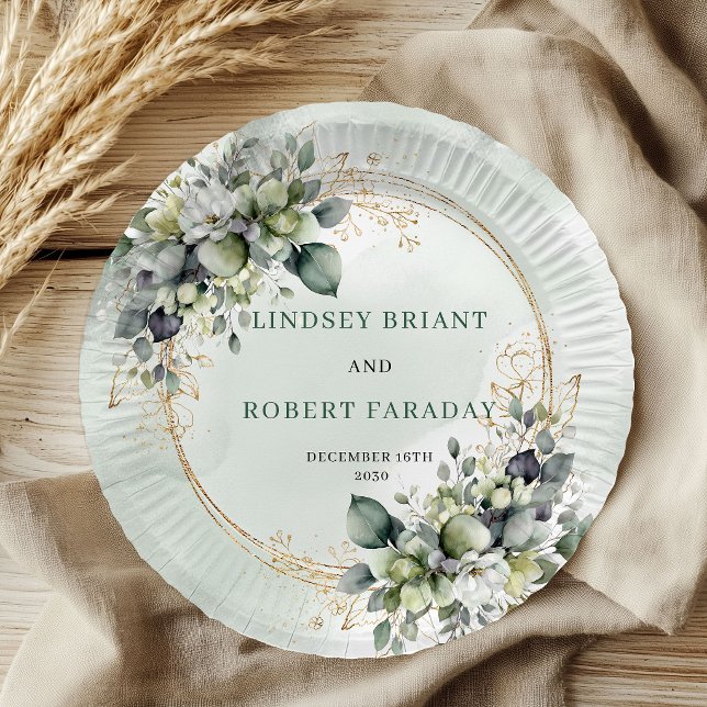 Boho Sage Green Personalised Eucalyptus Wedding   Paper Plate (Boho Sage Green Personalized Eucalyptus Wedding Paper Plates)
