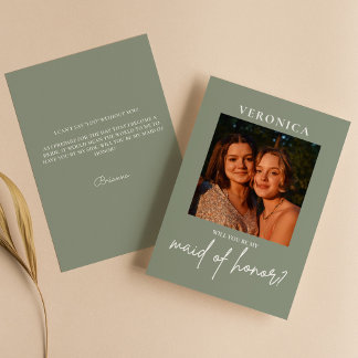 Boho Sage Green Photo Maid of Honour Proposal Card
