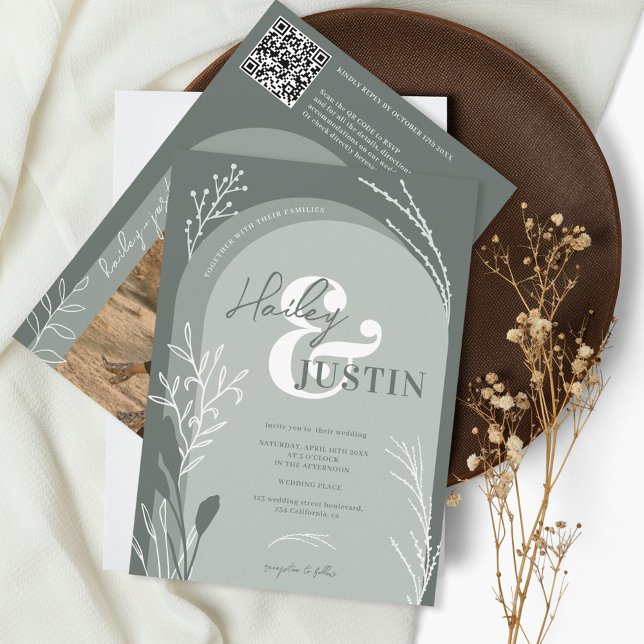 Boho sage green photo names script arch wedding invitation (Creator Uploaded)