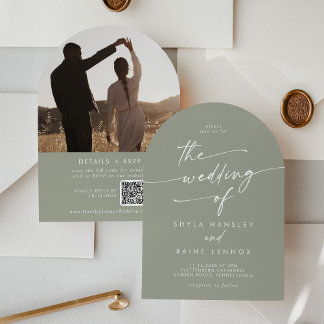 Boho Sage Green Photo QR Code Arch Wedding Invitation
