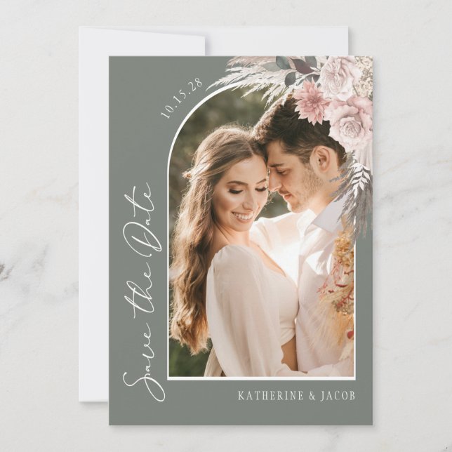 Boho Sage Green Photo Wedding Save The Date (Front)