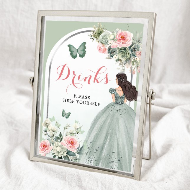 Boho Sage Green Pink Floral Quinceañera Drinks Poster (Creator Uploaded)